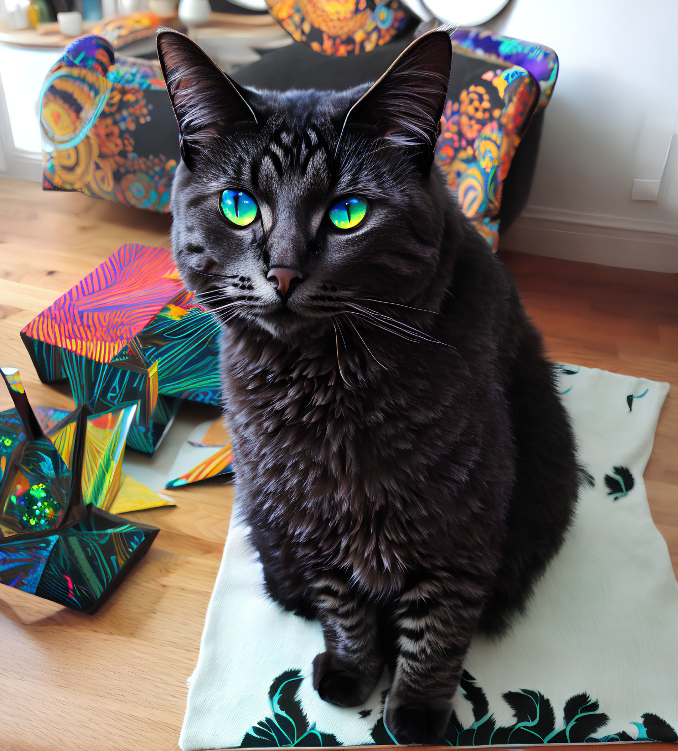 Black Cat with Blue Eyes on White Cloth in Colorful Room