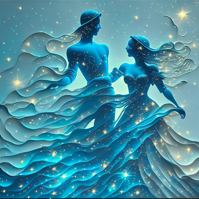 Stylized man and woman with blue skin and flowing hair on celestial background