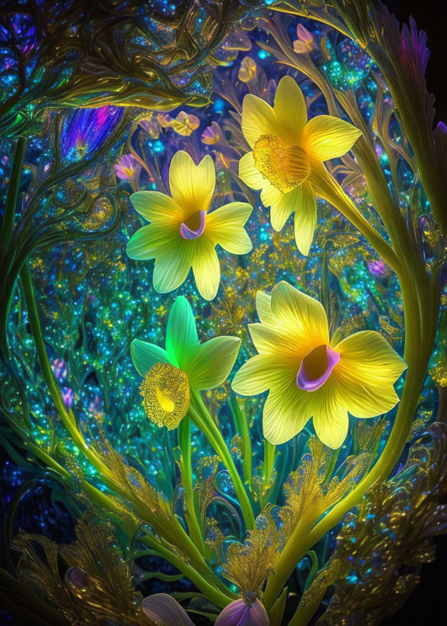 Colorful daffodils on neon botanical backdrop with magical vibe