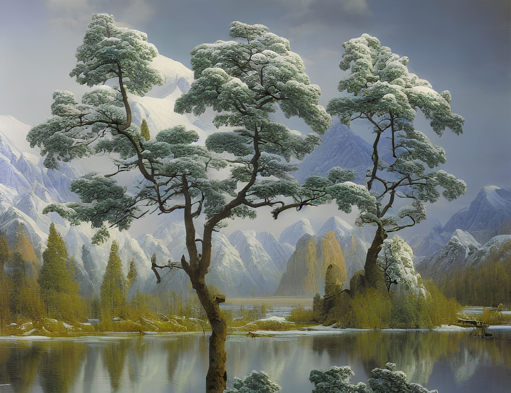 Snowy pines, calm lake, snow-covered mountains in serene landscape.