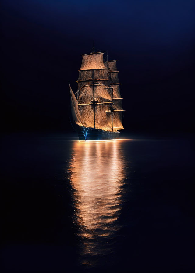 Tall ship with illuminated sails sailing on calm sea at night