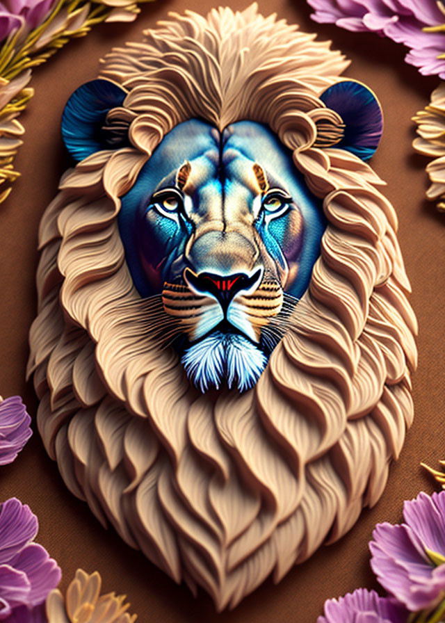 Vivid blue lion with white patterns among pink flowers on brown background