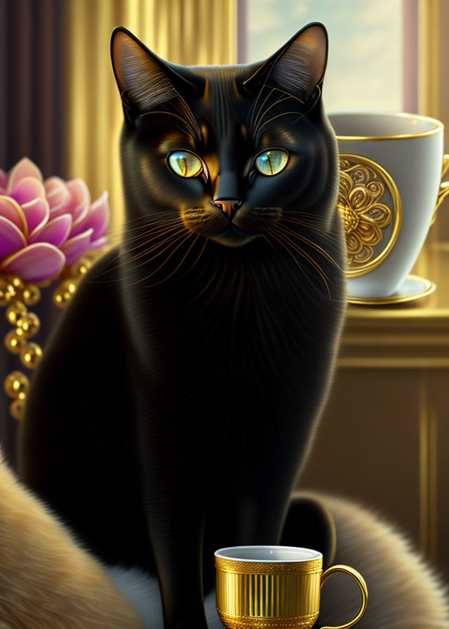 Black Cat with Yellow Eyes Beside Golden Cup and Pink Flower