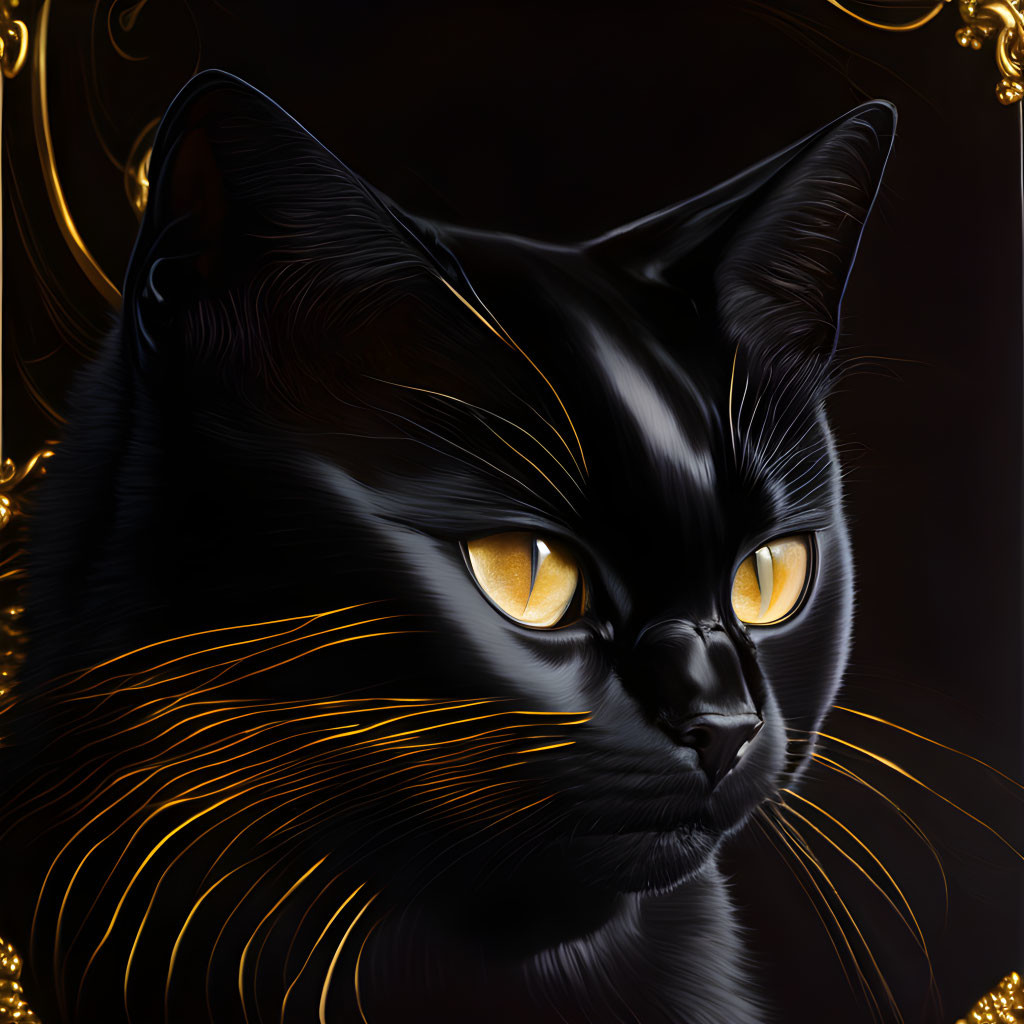 Digital Artwork: Black Cat with Glowing Amber Eyes on Dark Background