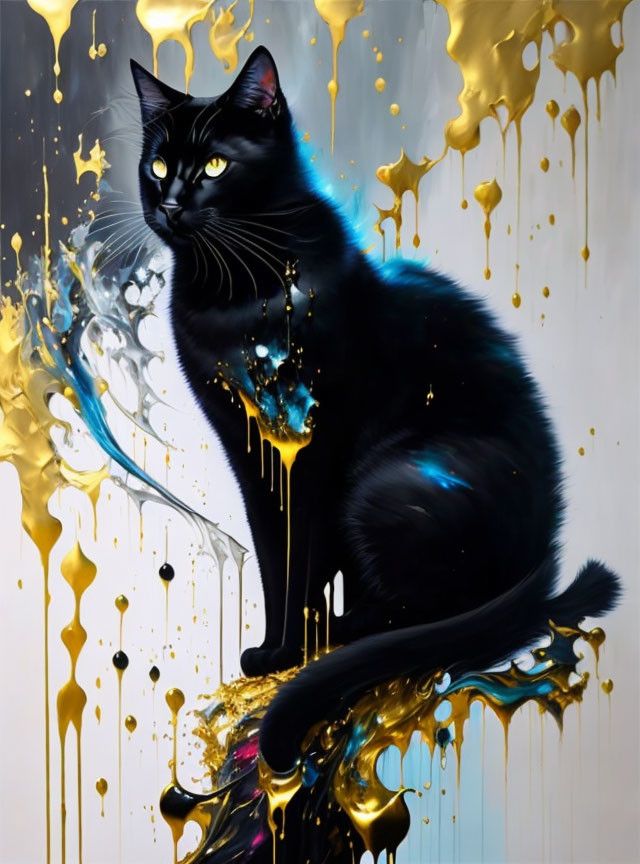 Black Cat in Front of Gold and Blue Abstract Background