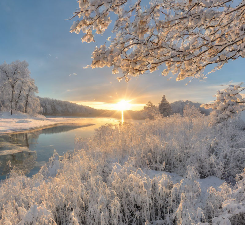 Snow-covered trees, calm river, sun rising: Frosty winter landscape