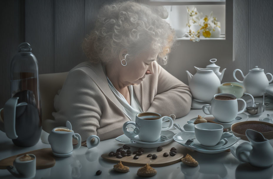 Elderly woman with curly white hair at cluttered table in contemplation