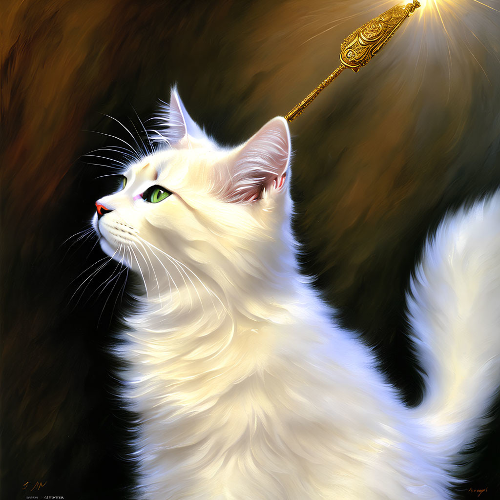 White Cat with Green Eyes and Crowned Wand on Dark Background