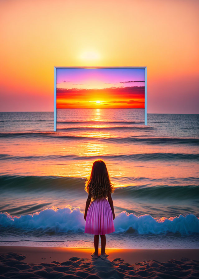 Young girl on beach gazes at vibrant ocean sunset