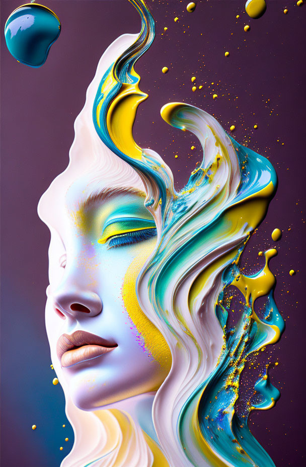 Digital artwork: Woman's face blending with vibrant liquid shapes in purple, yellow, and blue with spe