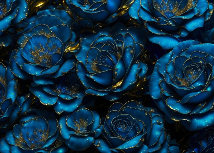 Blue Roses with Gold Accents Close-Up Shot