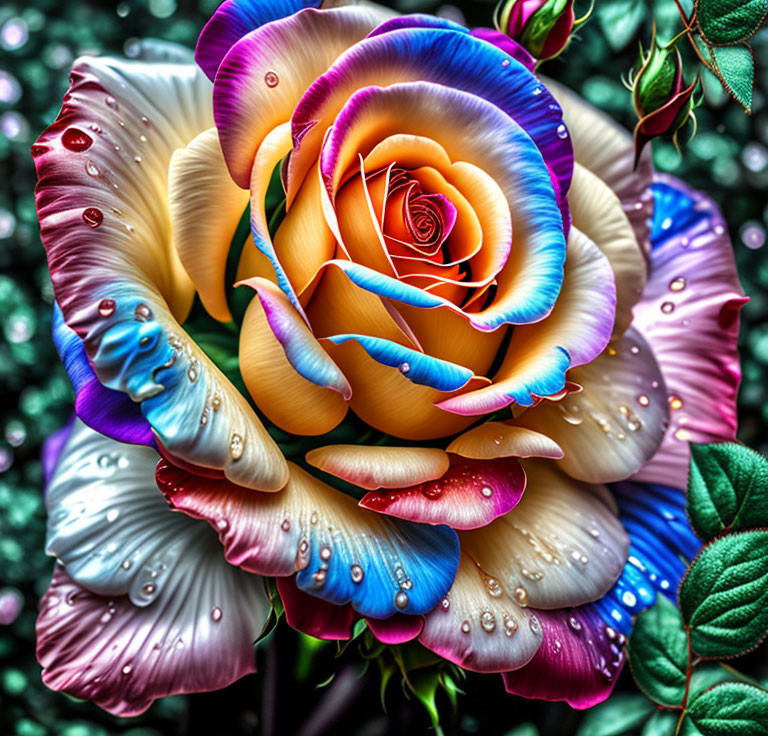 Colorful Rose with Water Droplets on Petals Against Green Foliage