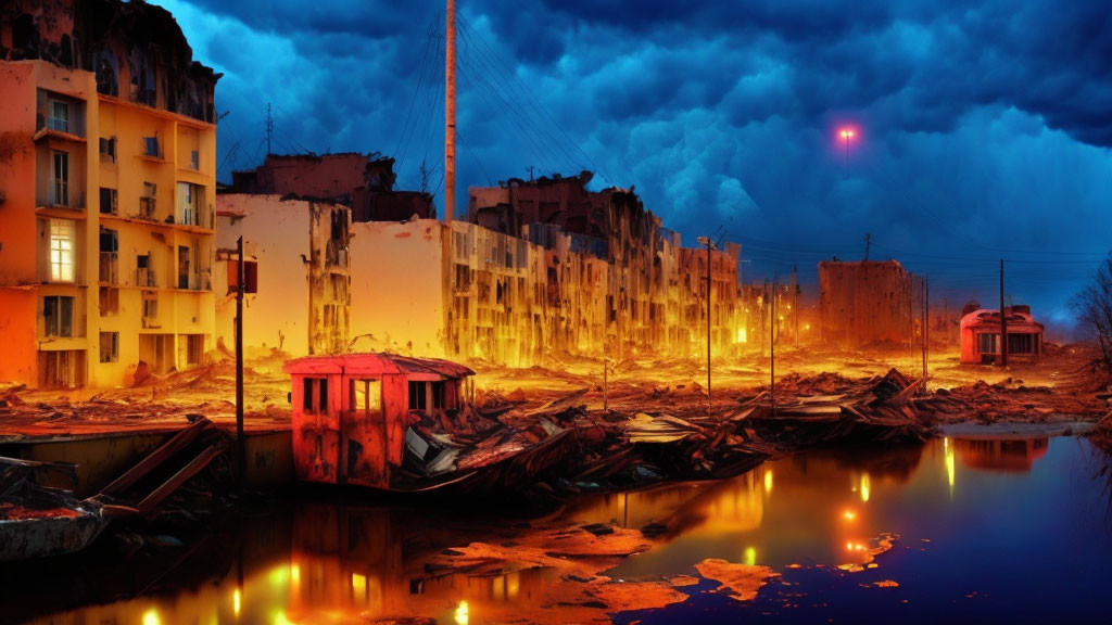 Dilapidated urban scene at twilight with abandoned boats and ominous clouds