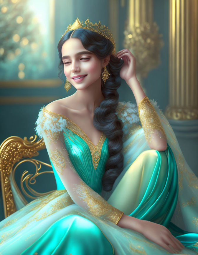 Luxurious teal and gold gown woman with braid in glowing room