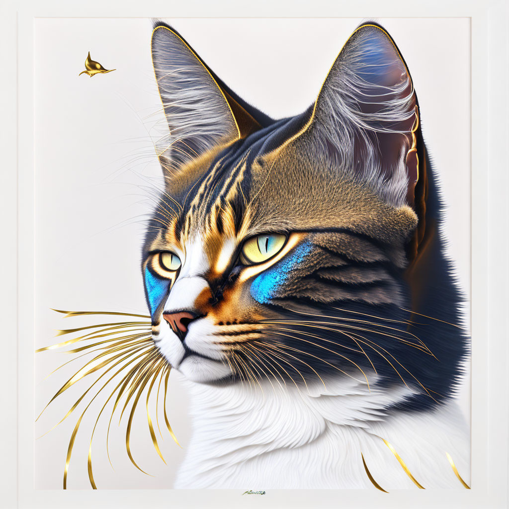 Highly detailed digital artwork of stylized cat with vibrant blue eyes and butterfly.