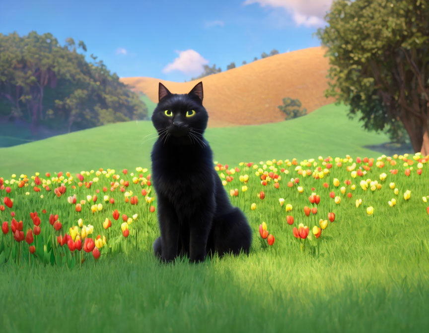 Black cat in colorful tulips field with rolling hills and trees