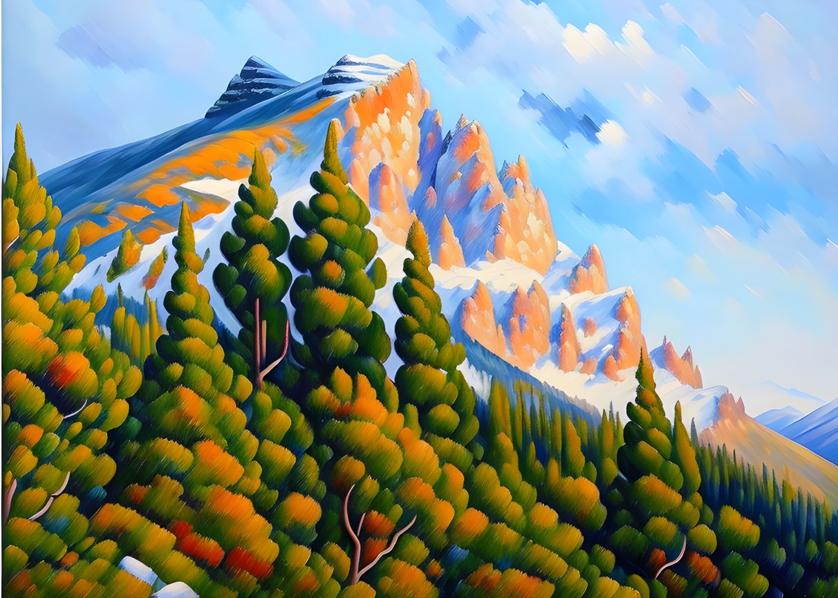 Colorful Mountain Landscape Painting with Pine Trees and Rocky Peaks