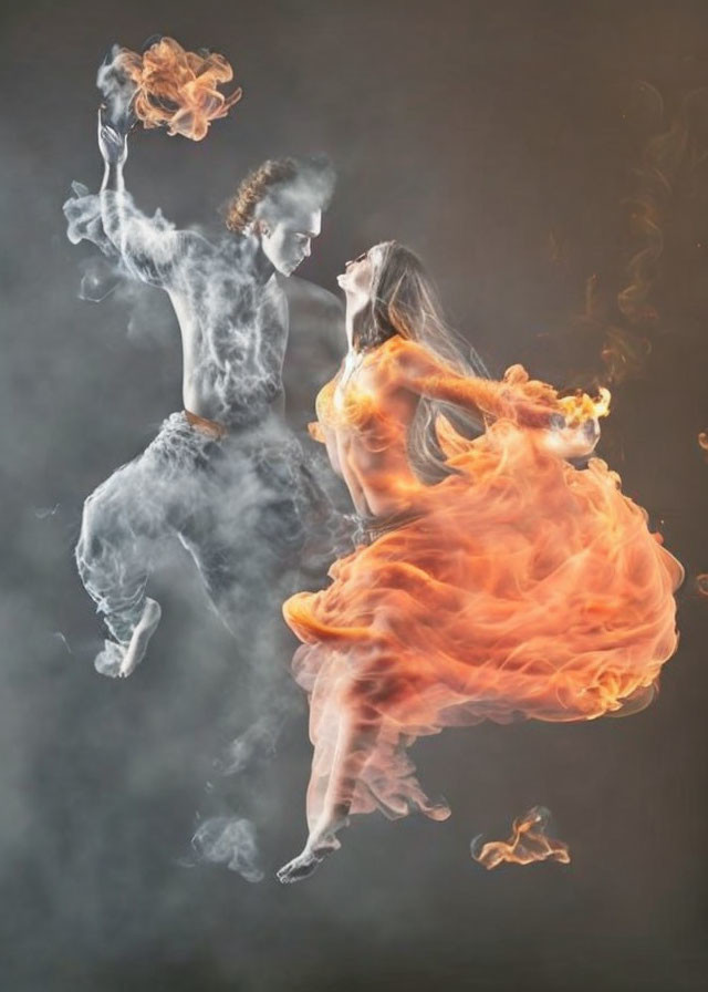 Dramatic dance with clothes transformed into flames