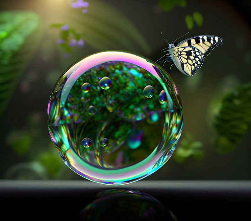 Colorful Butterfly on Iridescent Bubble in Greenery