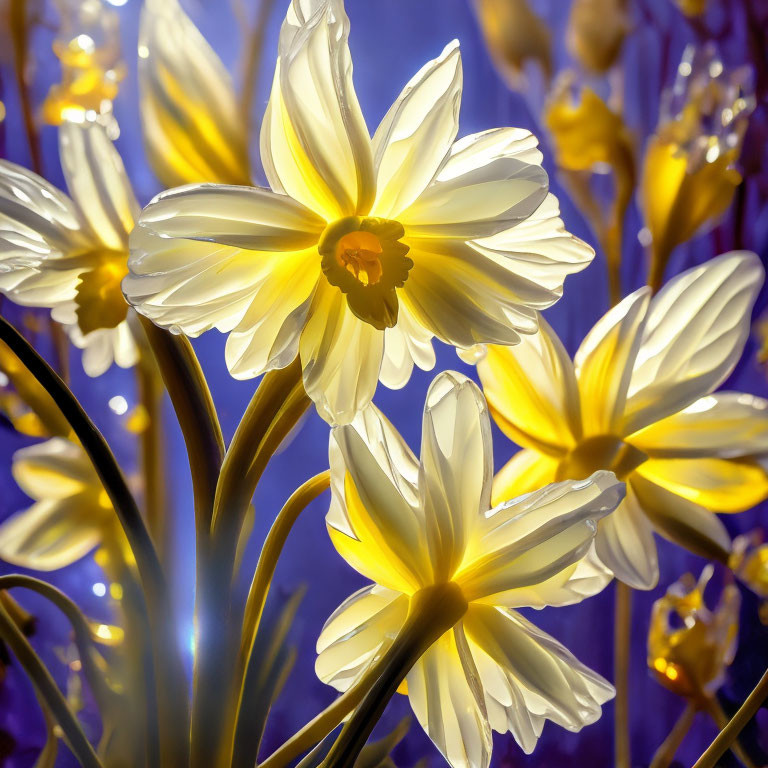 Vibrant yellow and white daffodils on blue background