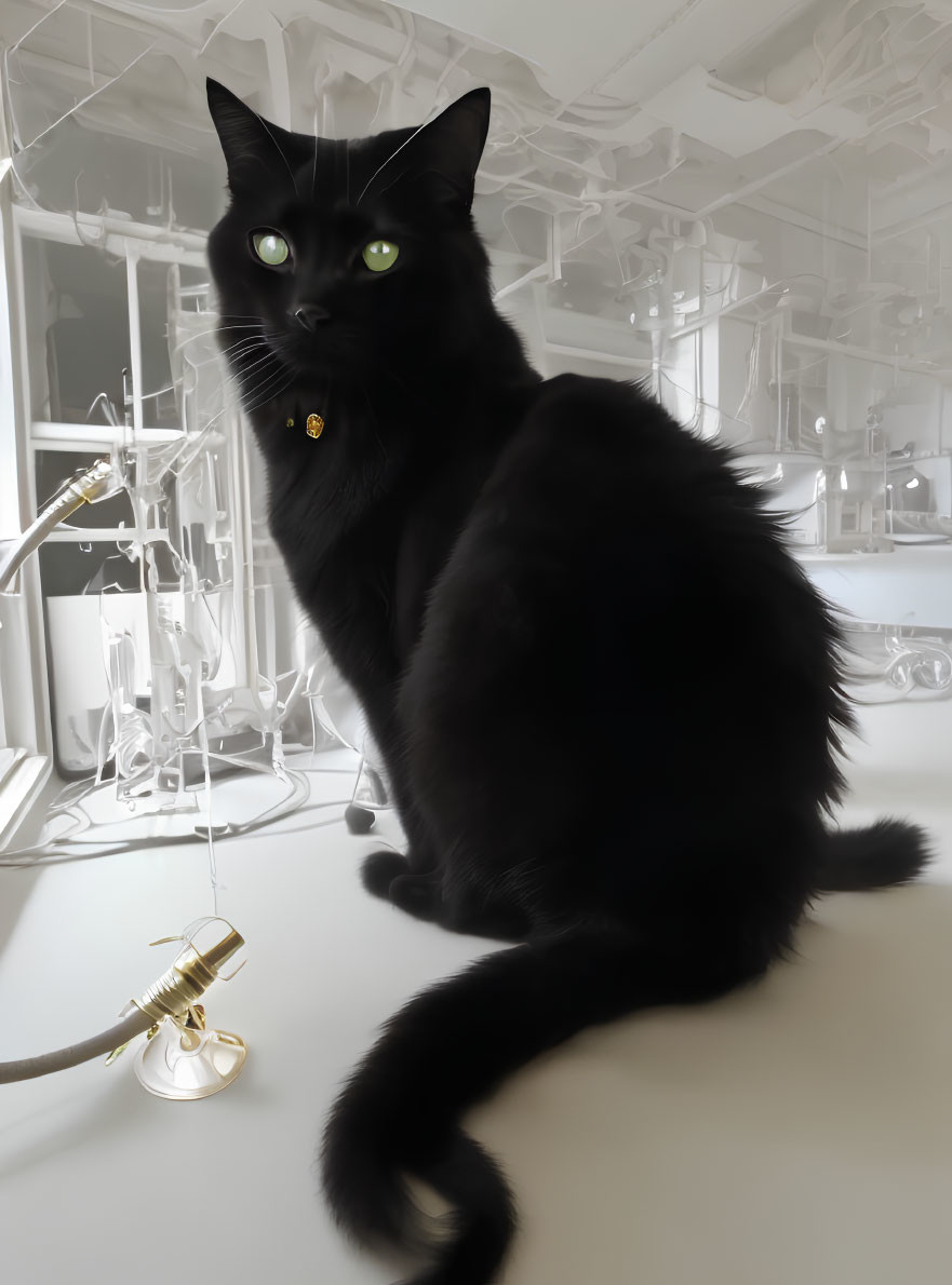 Black Cat with Green Eyes on Table with Inverted Color Background