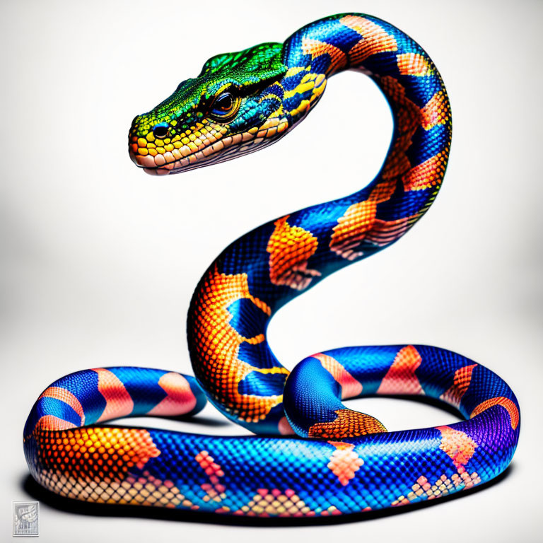 Digitally altered image: Snake with lizard's head in vibrant blue, orange, and yellow scales