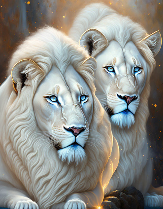 Majestic white lions with blue eyes on starry background