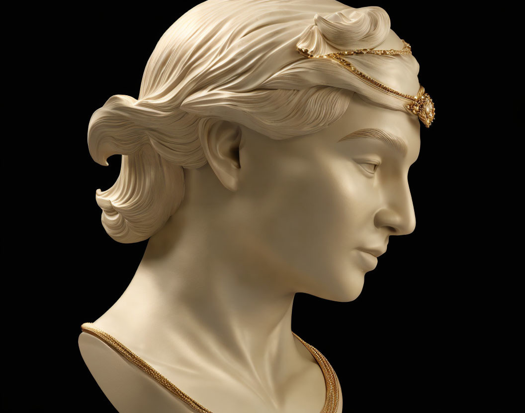 Classical sculpture bust of woman with wavy hair and golden diadem