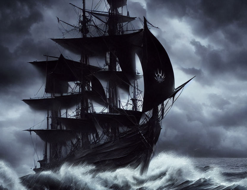 Dark pirate ship with skull sails on stormy seas