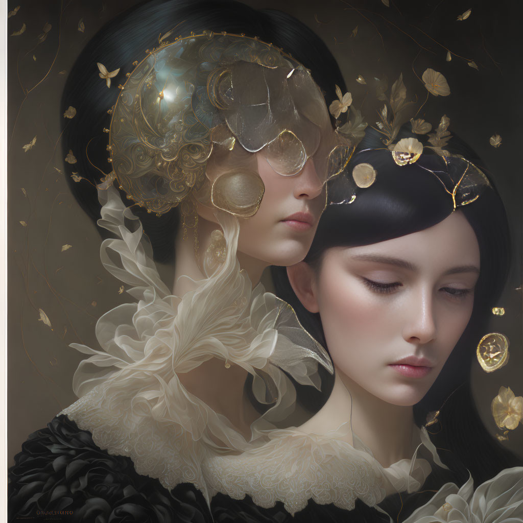 Ethereal women in golden headpieces amid floating petals and coins