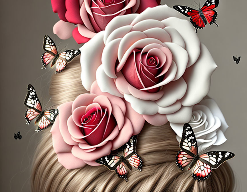 Detailed illustration of pink and white roses in braided hairstyle with butterflies.