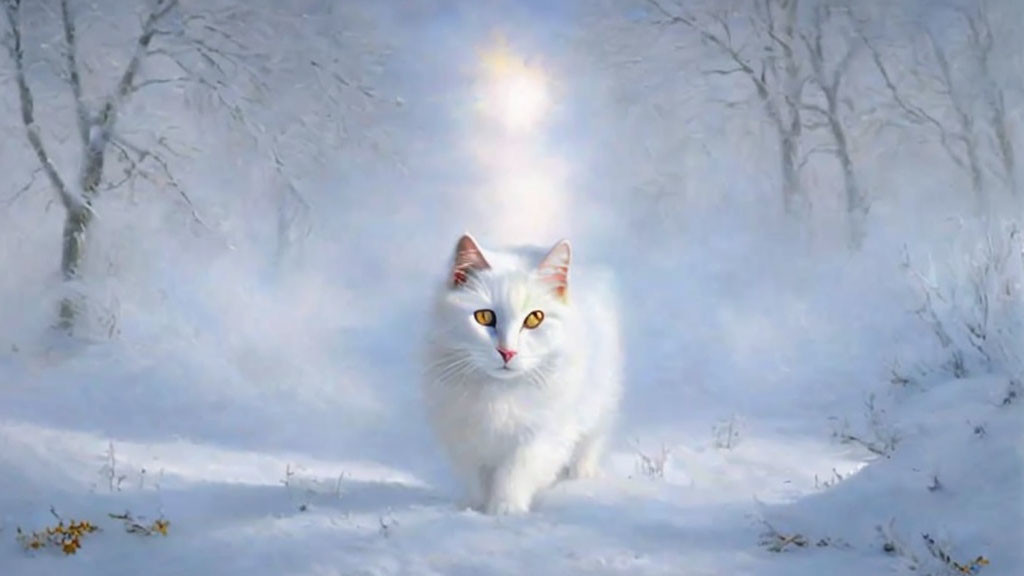 White cat with yellow eyes in snowy landscape with bare trees