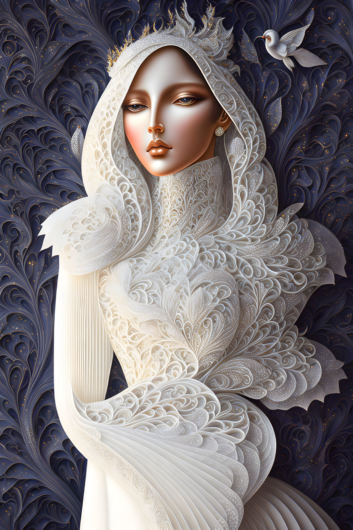 Pale-skinned woman in lace gown against dark blue backdrop