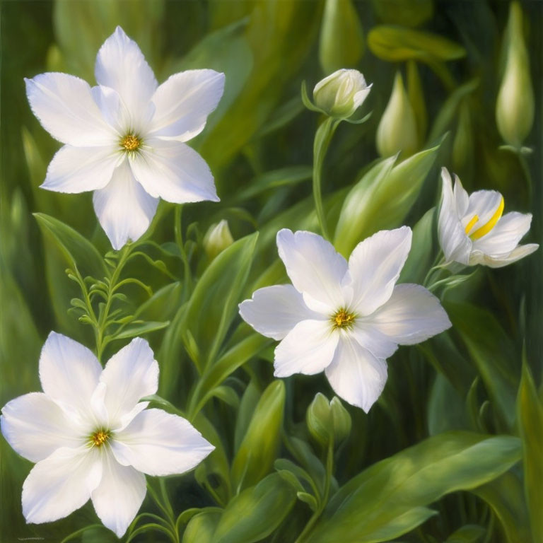 Floral oil painting: Four white flowers with yellow centers, green foliage.