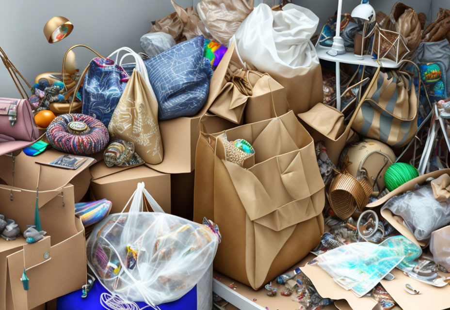 Cluttered space with boxes, bags, lamps, household items