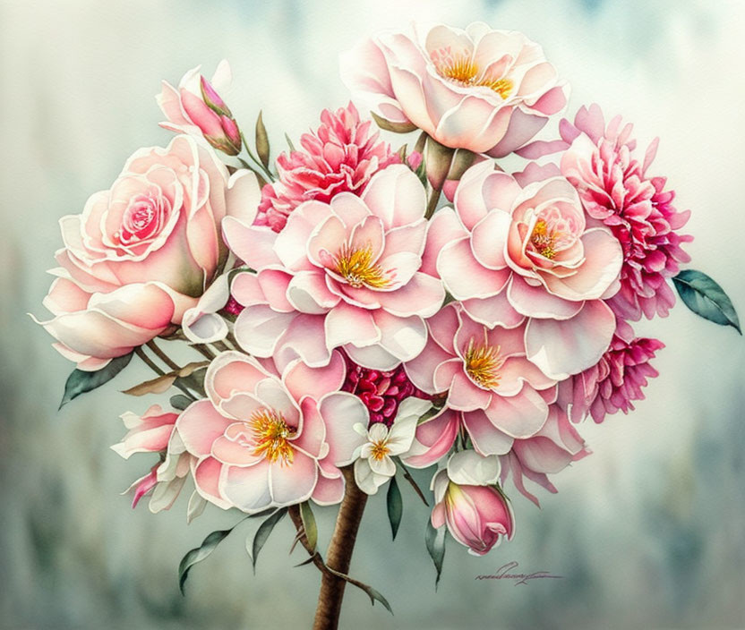 Soft Petal Watercolor Painting of Pink Roses and Peonies