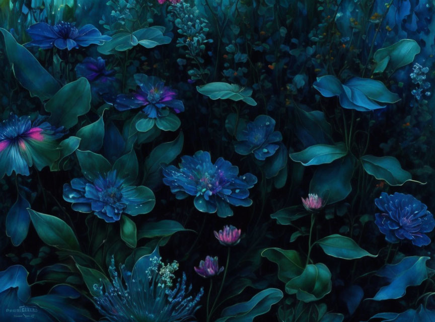 Mystical garden with blue and purple flowers in dark ambiance