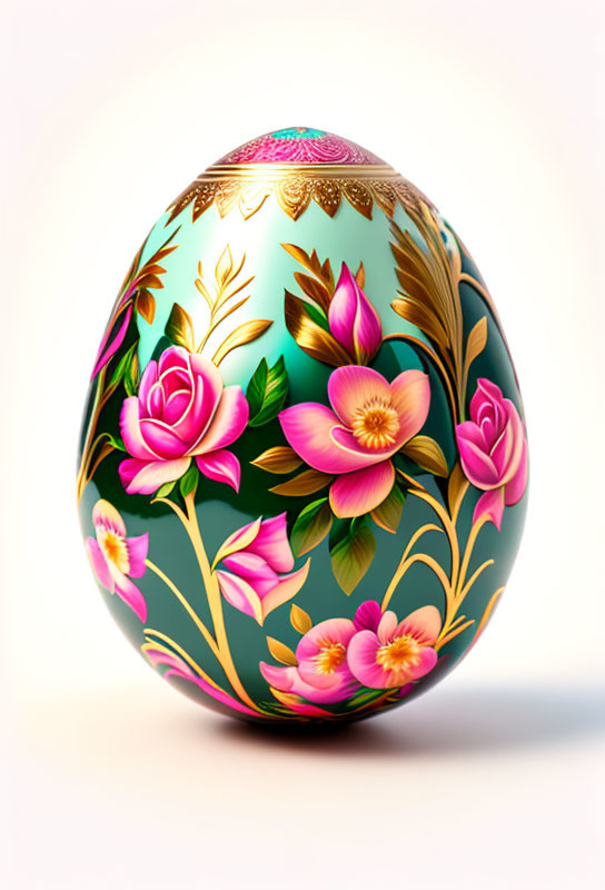 Colorful Floral Patterned Egg on Dark Green Background