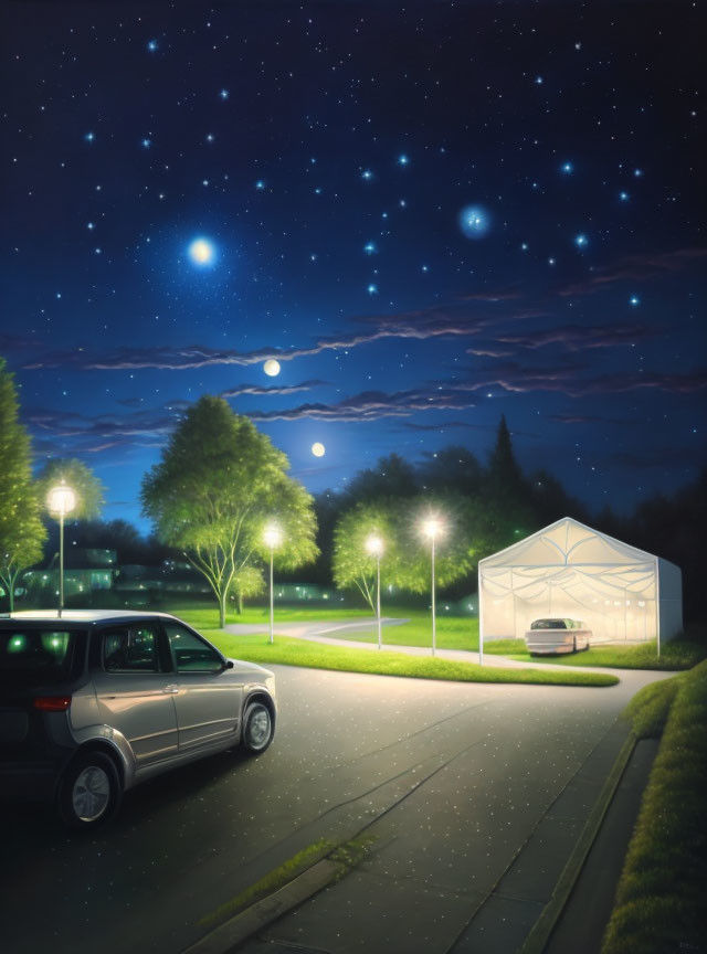 Starry night with moon, SUV, house, and street lamps