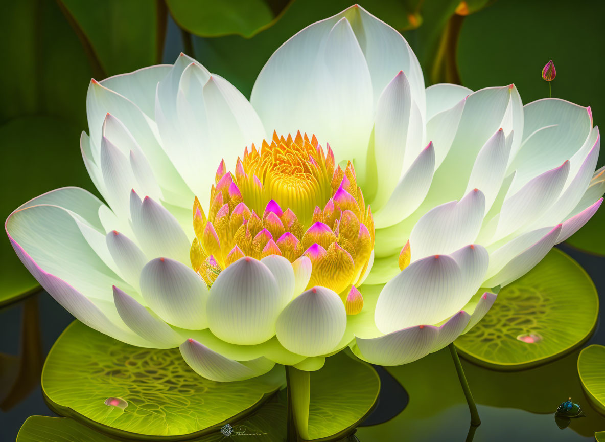 Vibrant white and pink lotus flower with yellow and purple center above green lily pads