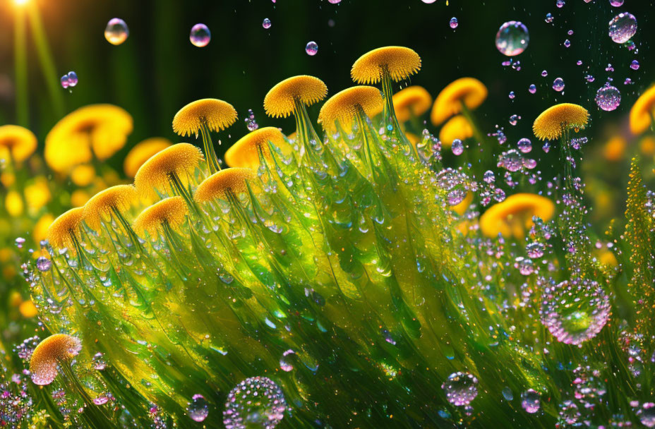 Bright Yellow Mushrooms on Mossy Surface with Glistening Water Droplets