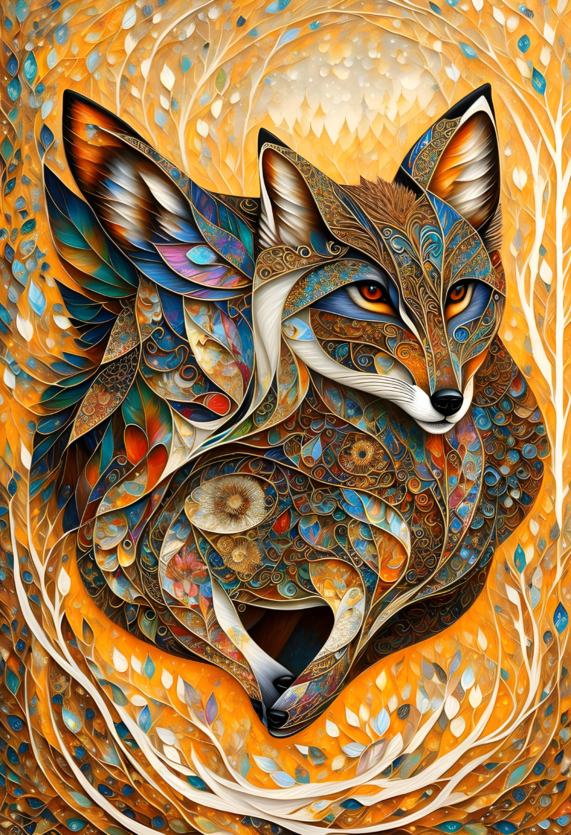 Colorful Stylized Fox Illustration with Ornate Patterns and Autumnal Background