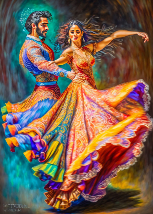 Colorful painting of man and woman dancing in traditional attire with dynamic brushstrokes.