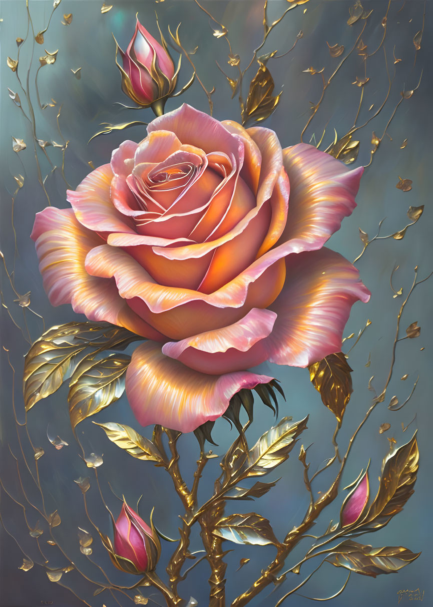 Detailed Pink Rose Illustration with Golden Leaves on Cool Background