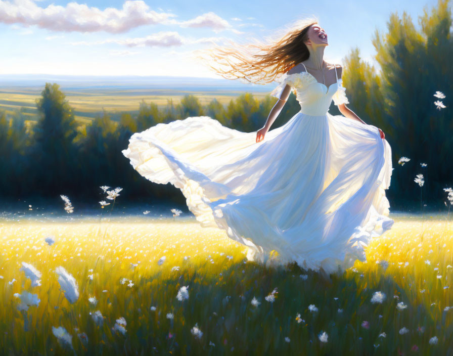 Woman spinning in white dress in sunlit dandelion field with trees and blue sky