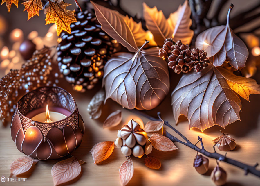 Cozy autumnal still life with candle, pine cones, and leaves