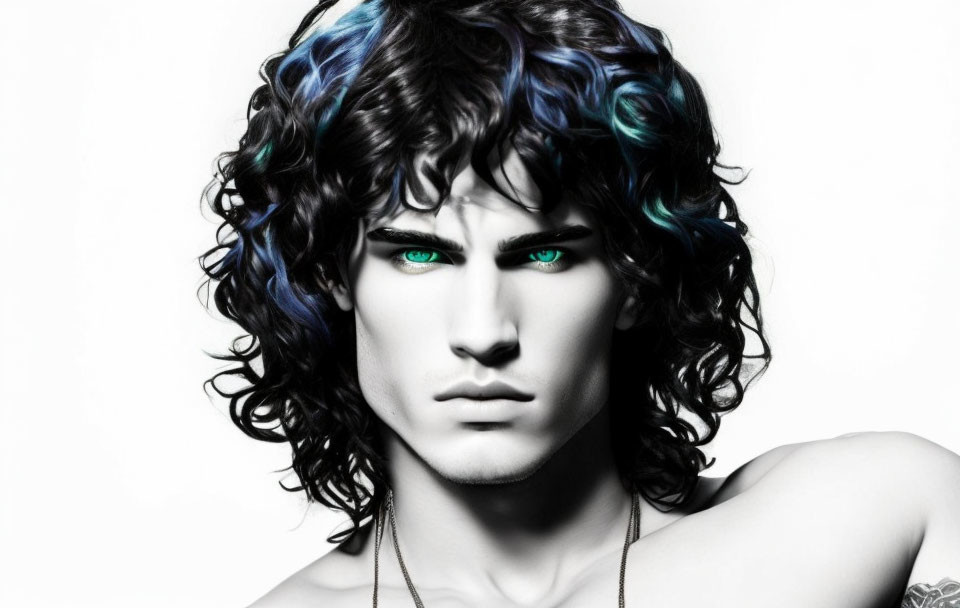 Digitally altered portrait: Intense green eyes, curly hair with blue highlights on white background