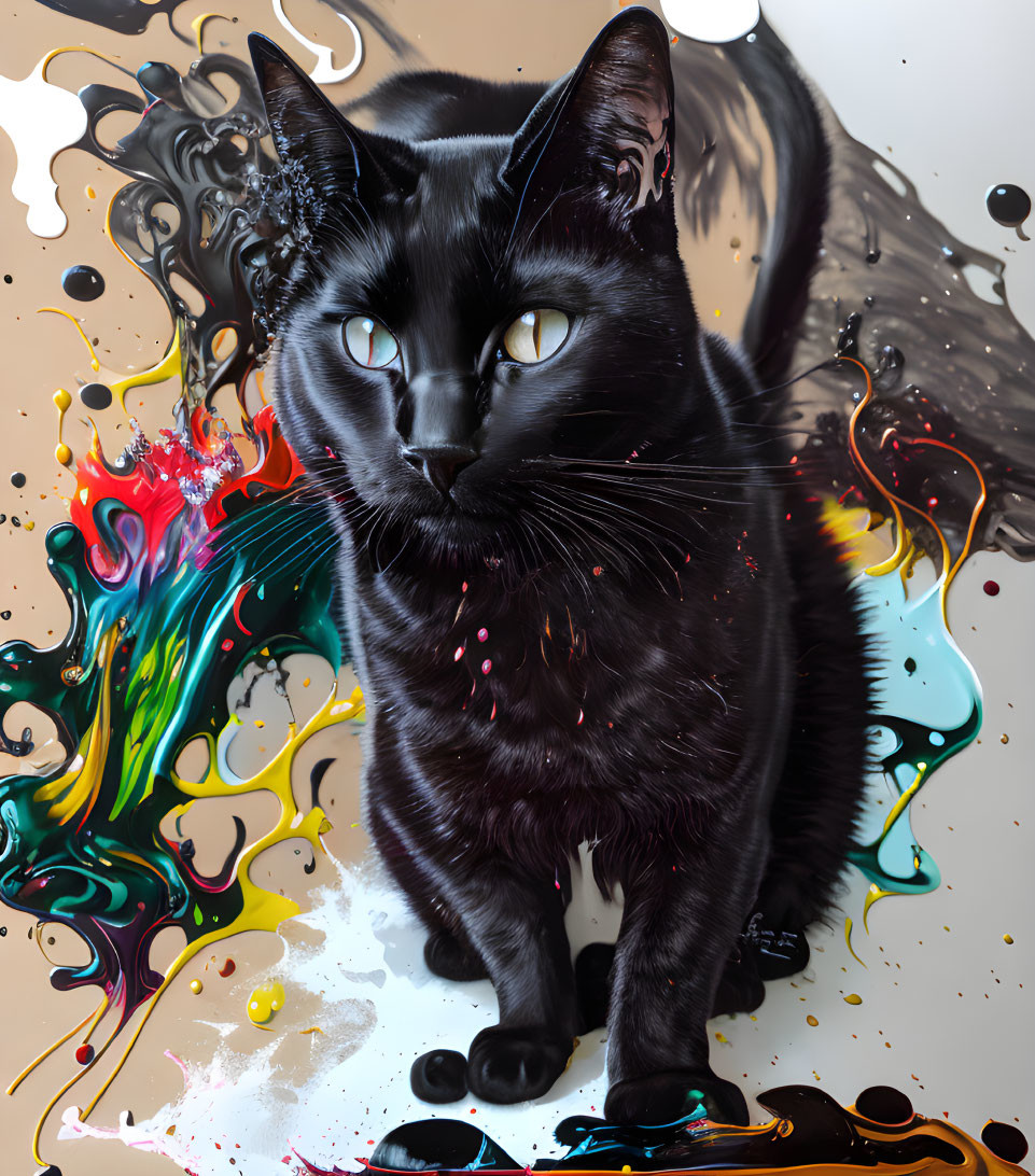 Black cat on colorful abstract background with paint splatters and swirls