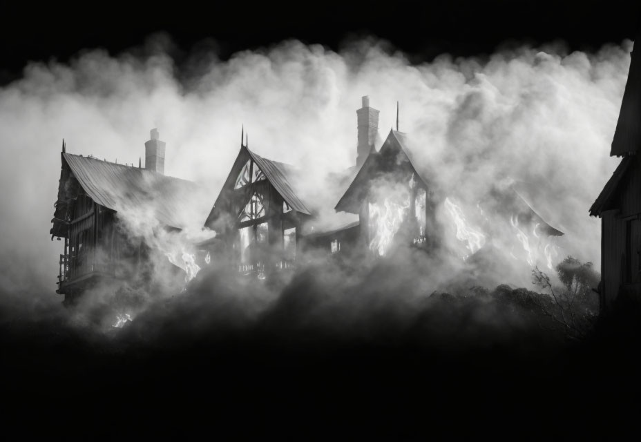 Monochrome image of house in thick smoke with flames.