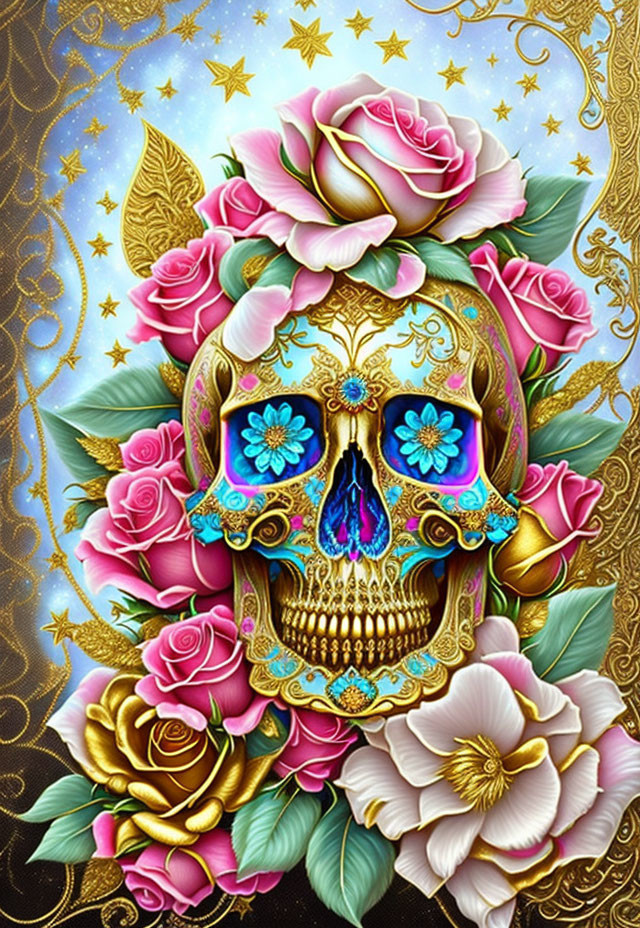 Colorful Skull Illustration with Roses and Gold Detailing